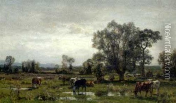 Grasende Kuhe In Weiter Landschaft Oil Painting - Wilhelm Kuehling