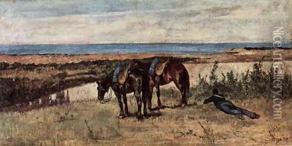 A soldier with two horses on the shore of the sea Oil Painting - Giovanni Fattori