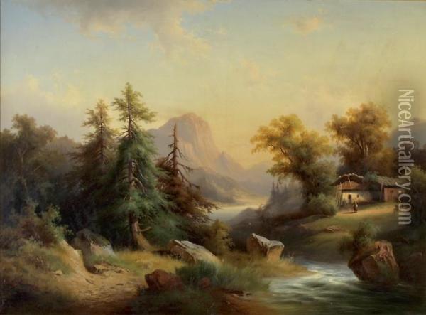 Wildbach In Alpenlandschaft Oil Painting - J. Lewis