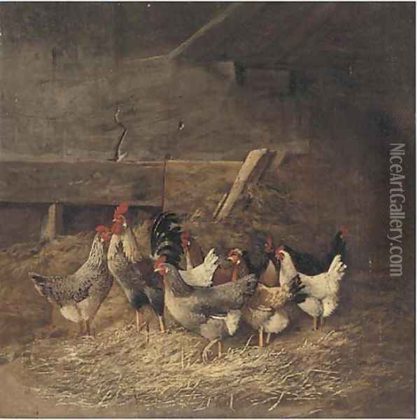 Chickens in a barn Oil Painting - Continental School