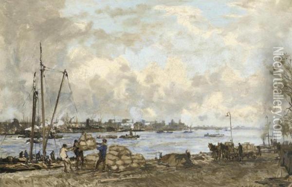 Lossen Aan De Willemskade Te Rotterdam: Unloading The Cargo Oil Painting - Johann Hendrik Van Mastenbroek