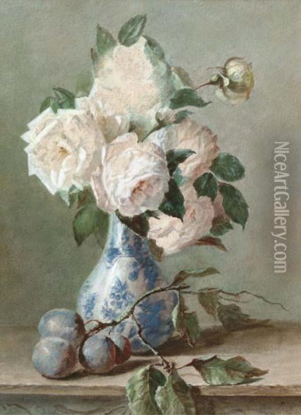White Roses In A Blue And White Vase Oil Painting - Catharina Kiers