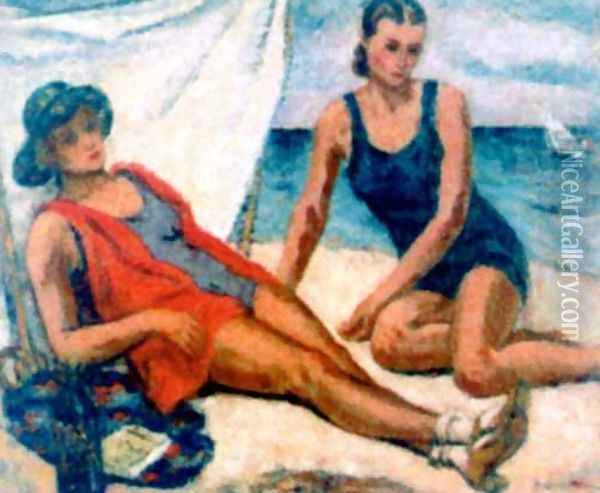 Women on the beach Oil Painting - Stefan Dimitrescu