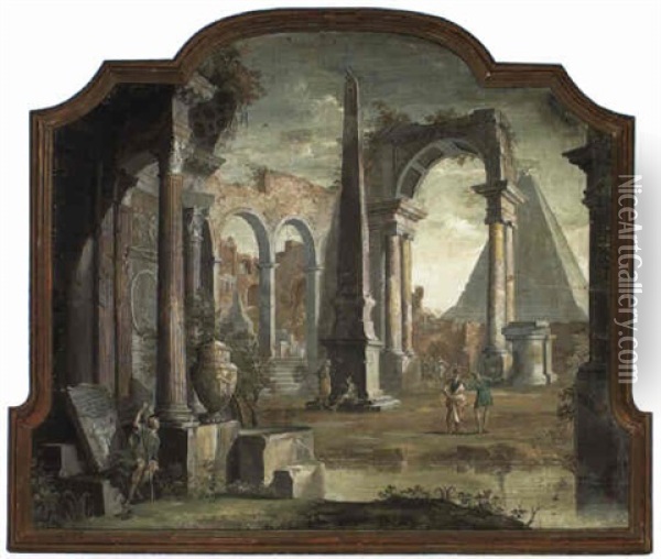 Architectural Capricci With Figures Walking Near An Obelisk Oil Painting - Pietro Paltronieri