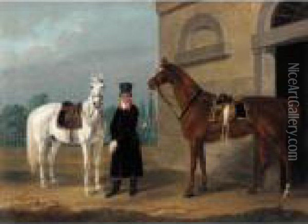 Two Saddled Mounts: A Dapple Grey And A Chestnut Horse With A Liveried Stable-hand Oil Painting - Franz Krutger