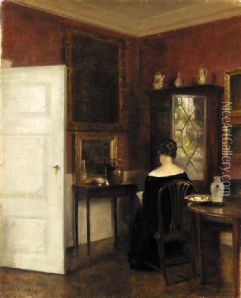 A Lady Reading In An Interior Oil Painting - Carl Vilhelm Holsoe