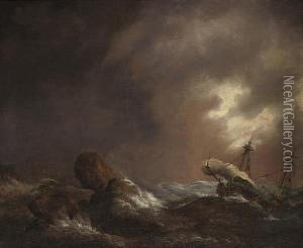 Shipping In A Storm Off A Rocky Coast Oil Painting - Esaias Van De Velde