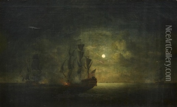 Sea Battle In Moonlight Oil Painting - Peter Monamy