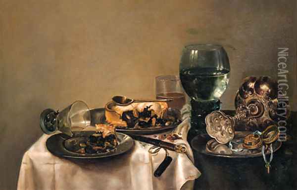 Still Life With Two Pies, A Spoon, A Fob Watch And An Upturned Tazza On Pewter Plates, A Broken Upturned Berkemeyer, A Roemer, A Beerglass, A Knife Oil Painting - Willem Claesz. Heda
