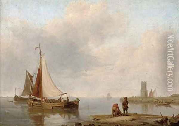 Barges in a calm off the Dutch coast Oil Painting - Johannes Hermanus Koekkoek