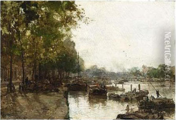A View Of The Leuvehaven Oil Painting - Johann Hendrik Van Mastenbroek