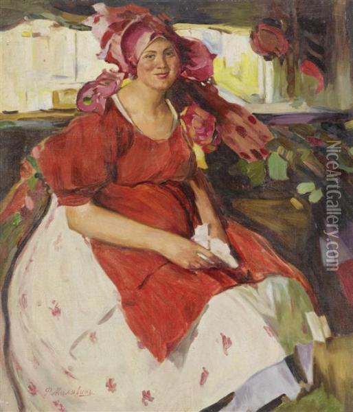 Portrait Of A Woman In Red Oil Painting - Filip Malyavin