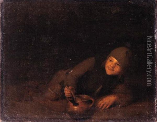 A Young Boor Reclining, Eating From An Earthenware Bowl Oil Painting - Pieter Harmensz Verelst