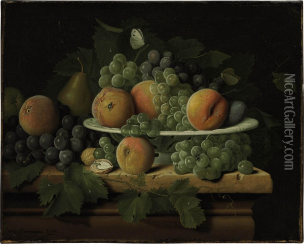 Peaches, Grapes And A Pear In A Ceramic Dish On A Stone Ledge Oil Painting - Peter Jacob Horemans