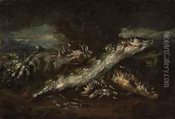 Fish, Crayfish And A Gourd, A Landscape Beyond Oil Painting - Felice Boselli Piacenza