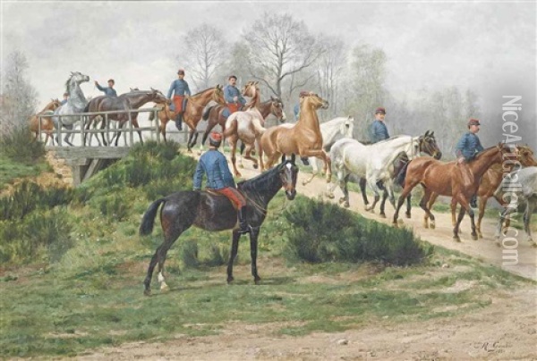 Preparing The Cavalry Oil Painting - Jean Richard Goubie