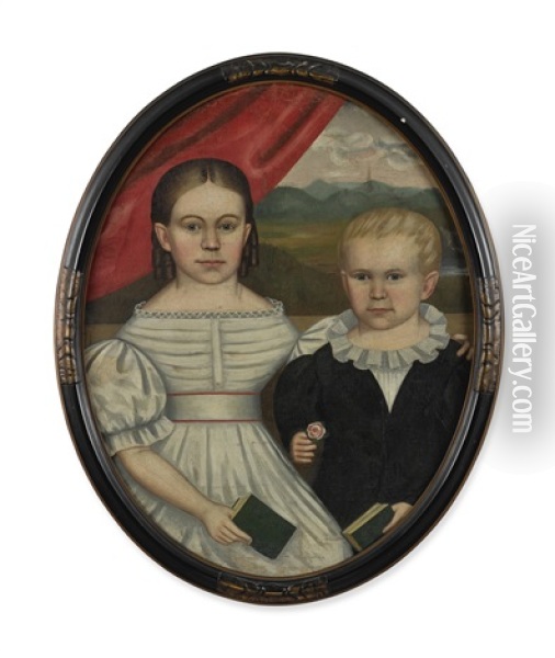 Portrait Of A Boy And A Girl, Each Holding A Book Oil Painting - Erastus Salisbury Field
