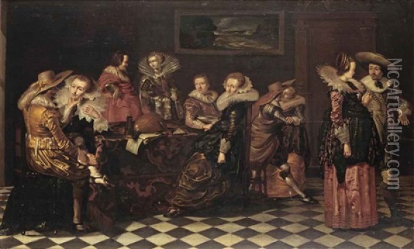 An Elegant Company Making Merry In An Interior With Music Books And A Lute Lying On A Table Oil Painting - Willem Cornelisz Duyster