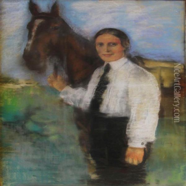 A Woman With Her Horse Oil Painting - Edvard Anders Saltoft