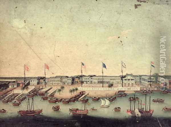 View of the Hongs at Canton with the Danish, Austrian, American, Swedish, British and Dutch factories Oil Painting - Anonymous Artist