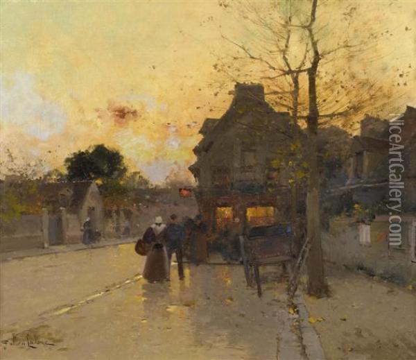 Village Street In An Autumn Evening. Oil Painting - Eugene Galien-Laloue