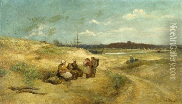 Rastende Bauern Und Fischer In Sommerlicher Landschaft Am Flus Oil Painting - Antoine Druet