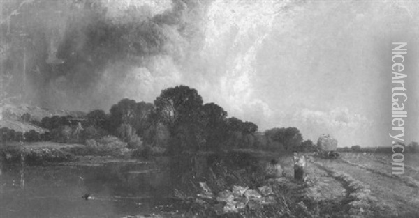 On The Banks Of The Thames, A Passing Shower Oil Painting - Henry John Boddington