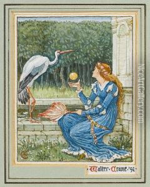 A Girl With A Golden Ball And A Crane Oil Painting - Walter Crane