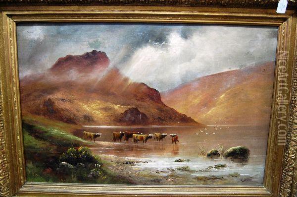 Highland Landscape With Cattle By A Loch Oil Painting - William Davis