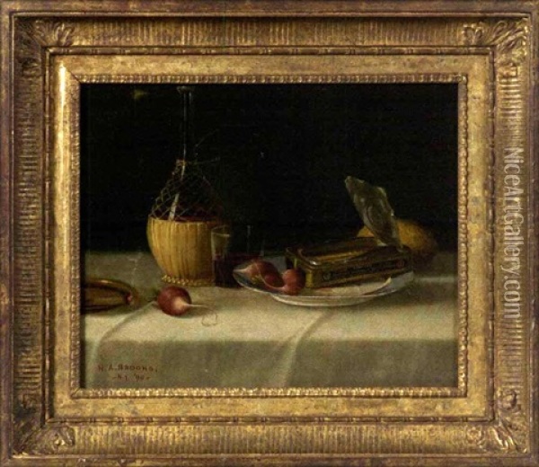 Still Life With Wine, Sardines And Cigar Oil Painting - Nicholas Alden Brooks