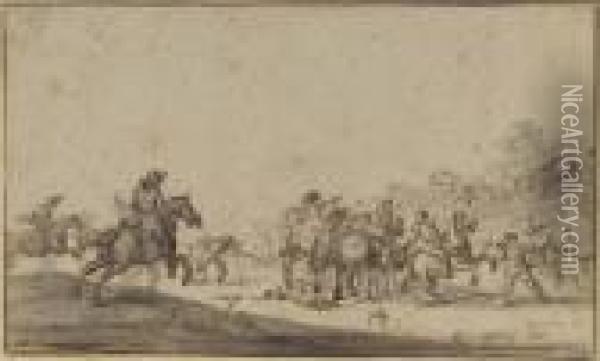 Horsemen Ambushing A Wagon Train Oil Painting - Jacques Courtois Le Bourguignon