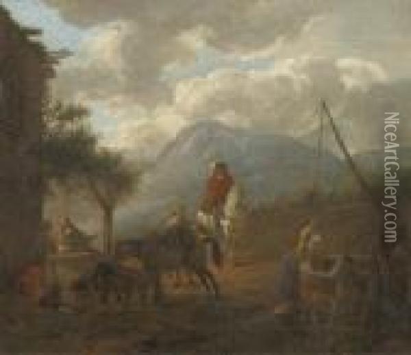 Travellers Resting And Watering Their Horses By An Inn Oil Painting - Pieter Wouwermans or Wouwerman