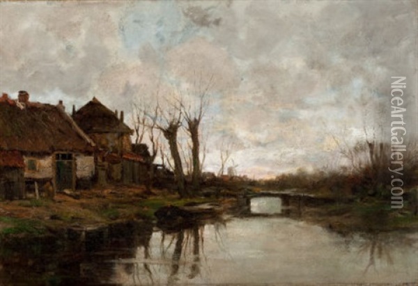 Cloudy Day Along A Dutch Canal Oil Painting - Charles Paul Gruppe