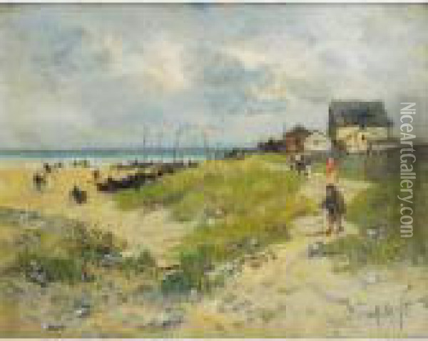 Le Chemin Au Bord De La Plage [ ;
 The Path By The Seaside ; Oil On Panel ; Signed Lower Right] Oil Painting - Alexandre Defaux