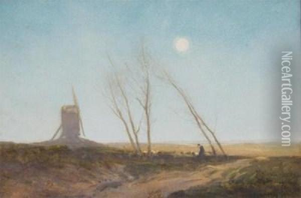 A Moonlit Landscape With A Windmill; A Moorland Track Oil Painting - William Tatton Winter