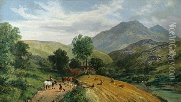 An Extensive Mountainous River Landscape With Figures, Horses And Cattle On A Path In The Foreground Oil Painting - George Shalders