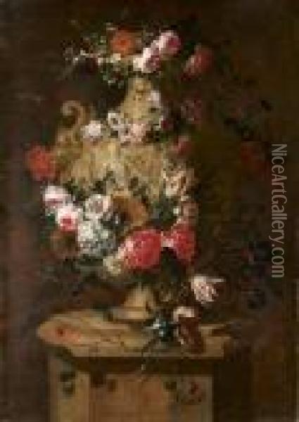 Grande Vaso A Figure Su Basamento Con Fiori Oil Painting - Pieter III Casteels