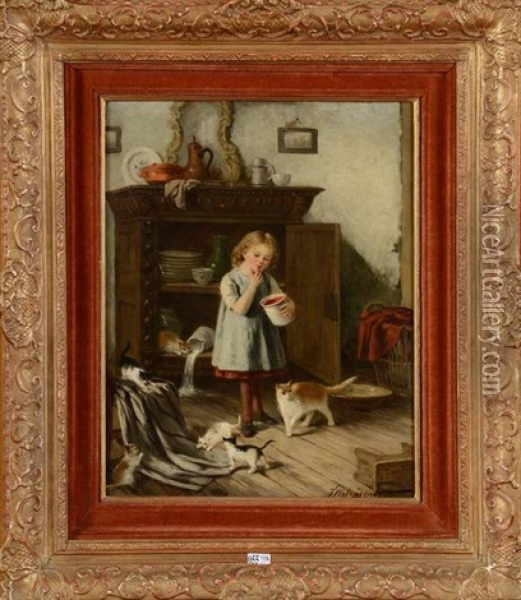 Fillette Et Ses Chats Dans Un Interieur Oil Painting - Jan Walraven