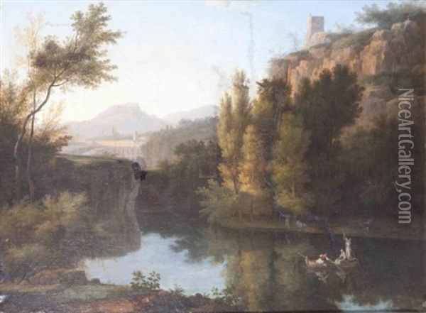 Paysage Au Lac Avec Des Jeunes Filles Sur Une Barque Oil Painting - Pierre Henri de Valenciennes