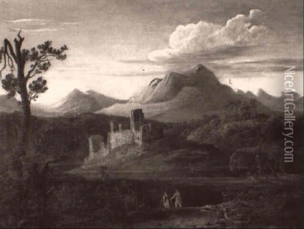 Mount Snowdon With Castle Ruins And Figures In The          Foreground Oil Painting - Copley Fielding
