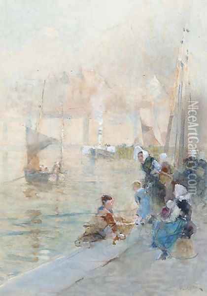 Fisherwomen with their children on the quayside Oil Painting - Hector Caffieri