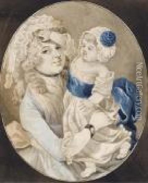 Une Femme En Buste Tenant Un 
Bebe; Et Une Vieille Femme, En Buste, Avec Une Petite Fille Sur Ses 
Genoux Tenant Une Pomme Oil Painting - Robert Dighton