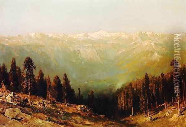A View of the Hetch Hetchy Valley with Deer in the Foreground and Mount Conness in the Distance Oil Painting - Thomas Hill