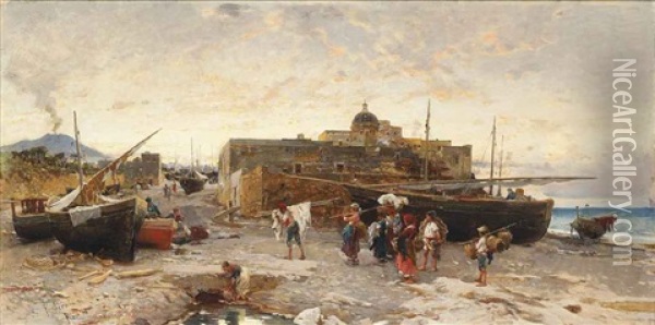 Neapolitan Fisherfolk At The End Of The Day Oil Painting - Franz Theodor Aerni