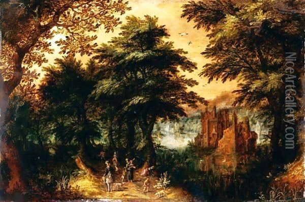 Paesaggio Lacustre Con Castello E Viandanti Oil Painting - Adriaen Pietersz. Van De Venne
