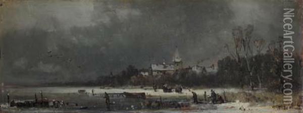 Skaters On A Lake By A Village Oil Painting - Adolf Stademann