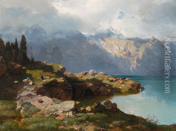 Felsiges Bergseeufer Mit Hirtin Und Herde Oil Painting - Friedrich Zimmermann