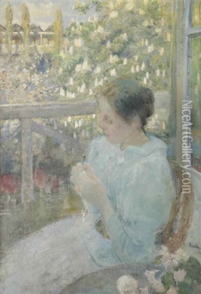 A Lady On The Balcony With A Blossoming Chestnut Tree Beyond Oil Painting - Paul Rink
