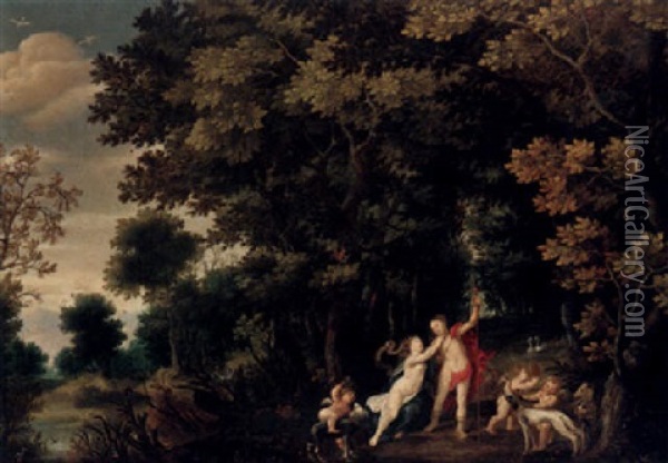 A Wooded Landscape With Venus And Adonis Oil Painting - Abraham Govaerts