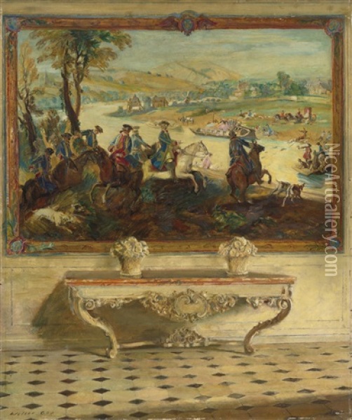 La Chasse Du Roi, Louis Xv, Tapesserie, Palais De Fontainebleau Oil Painting - Walter Gay